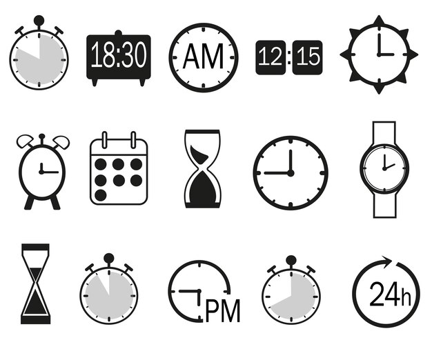 Timer vector symbol set isolated on white background clock stopwatch cooking time label Black timers