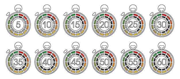 Vector timerset stopwatchpictogrammen aftellen van tien minuten tot één uur