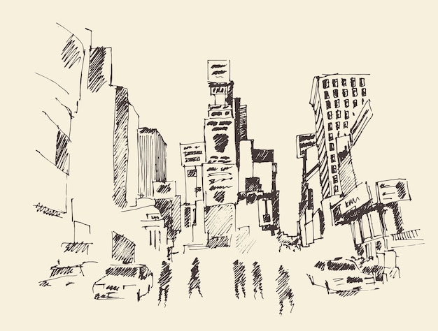 Vector times square, street in new york city engraving vector illustration