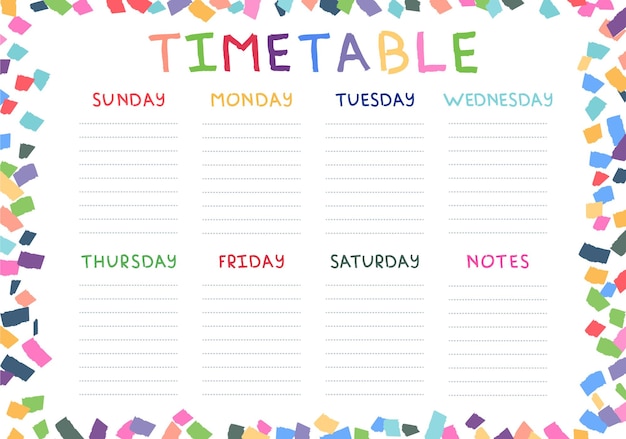 Vector timetable for children vector week planner colorful design