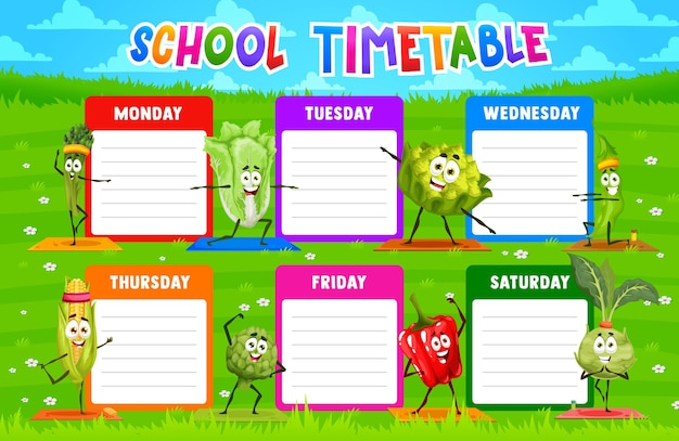 Vector timetable schedule cartoon vegetables on fitness