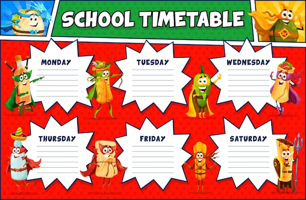 Timetable schedule superhero cartoon tex mex food