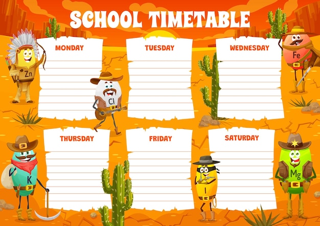 Timetable schedule with cartoon vitamin characters