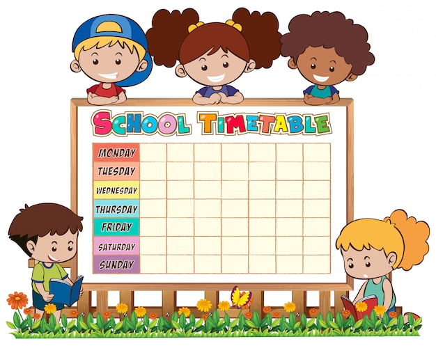 Vettore calendario pianificazione scolastica con personaggi