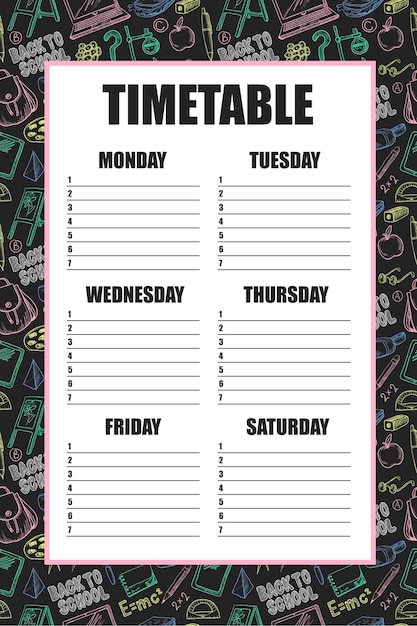 Timetable for schools lessons with backpack book laptop globe etc drawn chalk on a blackboard Vector