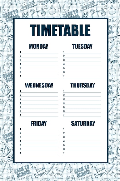 Timetable for schools lessons with backpack book laptop globe etc drawn pen on a notebook Vector