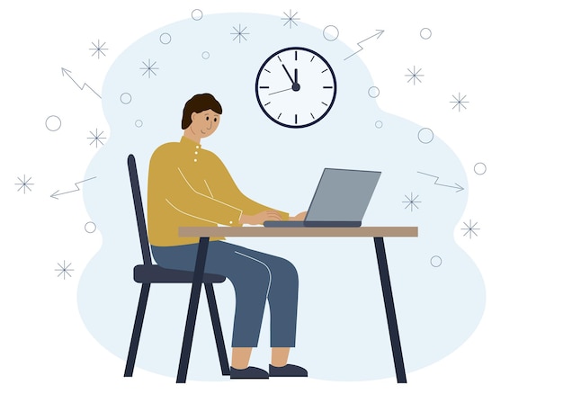 Timingconcept in werk of opleiding. Illustratie van een man in een werkruimte met een laptop