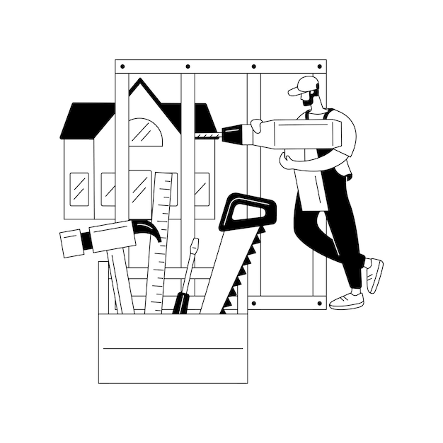 Vector timmerman diensten abstract concept vector illustratie gebouw onderhoud en huis renovatie meubelen reparatie houten partitie aangepaste kasten raamkozijn houtwerk abstracte metafoor