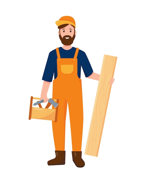 Timmermanskarakter met houten plank en uitrustingsstukken. Beroep mensen concept geïsoleerd op een witte achtergrond.