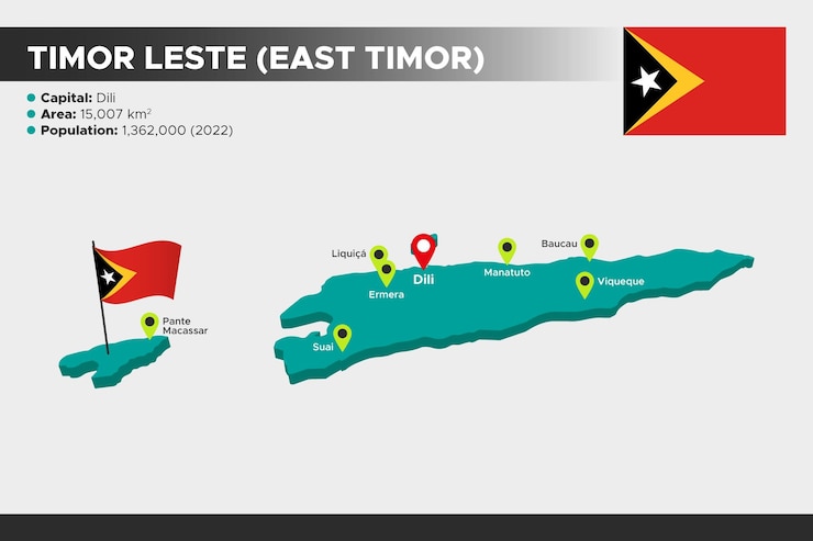 Vector timor leste isometric 3d illustration map flag capital cities area population and map of east timor