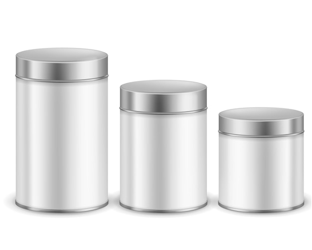 Tin can container metal packaging dry products cylinder boxes with caps different size tea or coffee sugar or cereals spice or powder branding package template vector realistic set