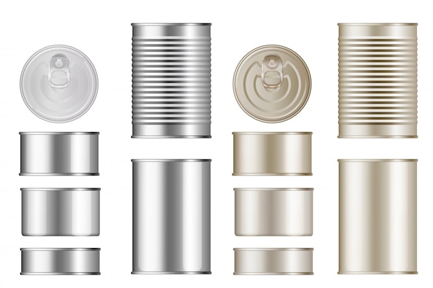 Vector tin can set. isolated blank canned food metal container