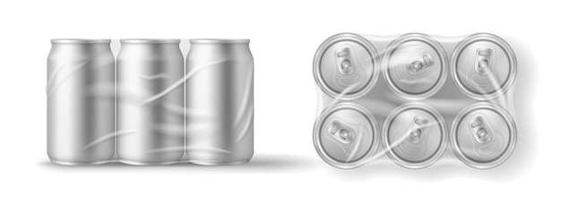 Vector tin cans in plastic wrap six soda or beer metal jars front and top view realistic cylinder aluminum canisters in transparent pack drink bottles isolated on white background 3d vector illustration