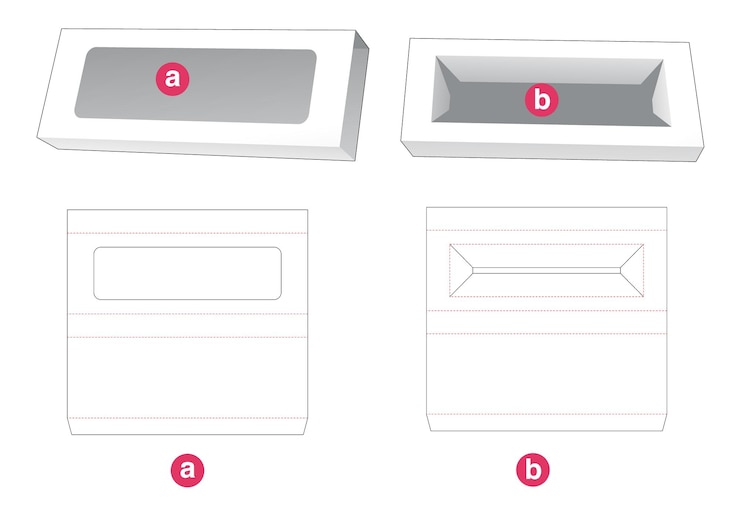Vector tin and long box with cover which has window die cut template