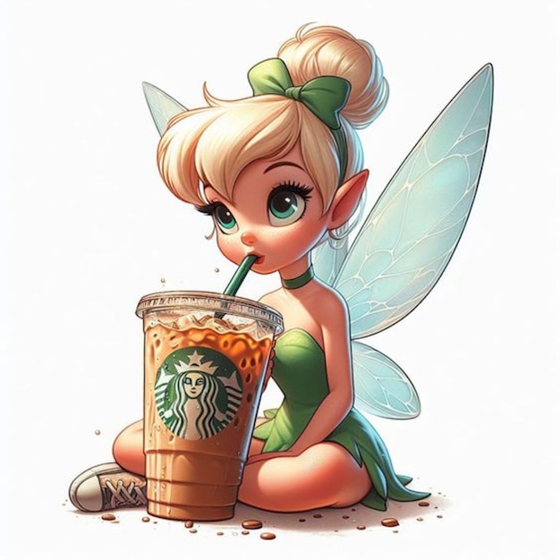 Tinkerbell drinking iced coffee