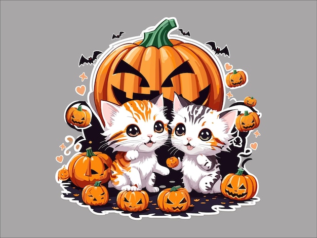 Оловянный котенок на Хэллоуин с большой резной тыквой на Хэллоуин