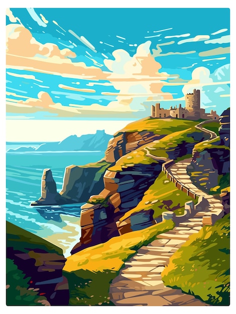 Vector tintagel castle england vintage travel poster souvenir postcard portrait painting wpa illustration