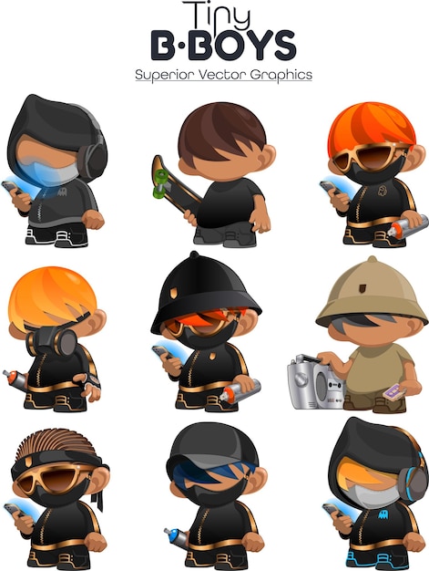 Vector tiny bboys urban graffiti character mascots cool teen hoodlums