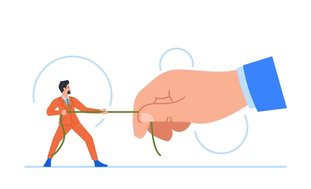 Vector tiny businessman character pulling rope against the giant hand of his boss tension competition fight rivalry