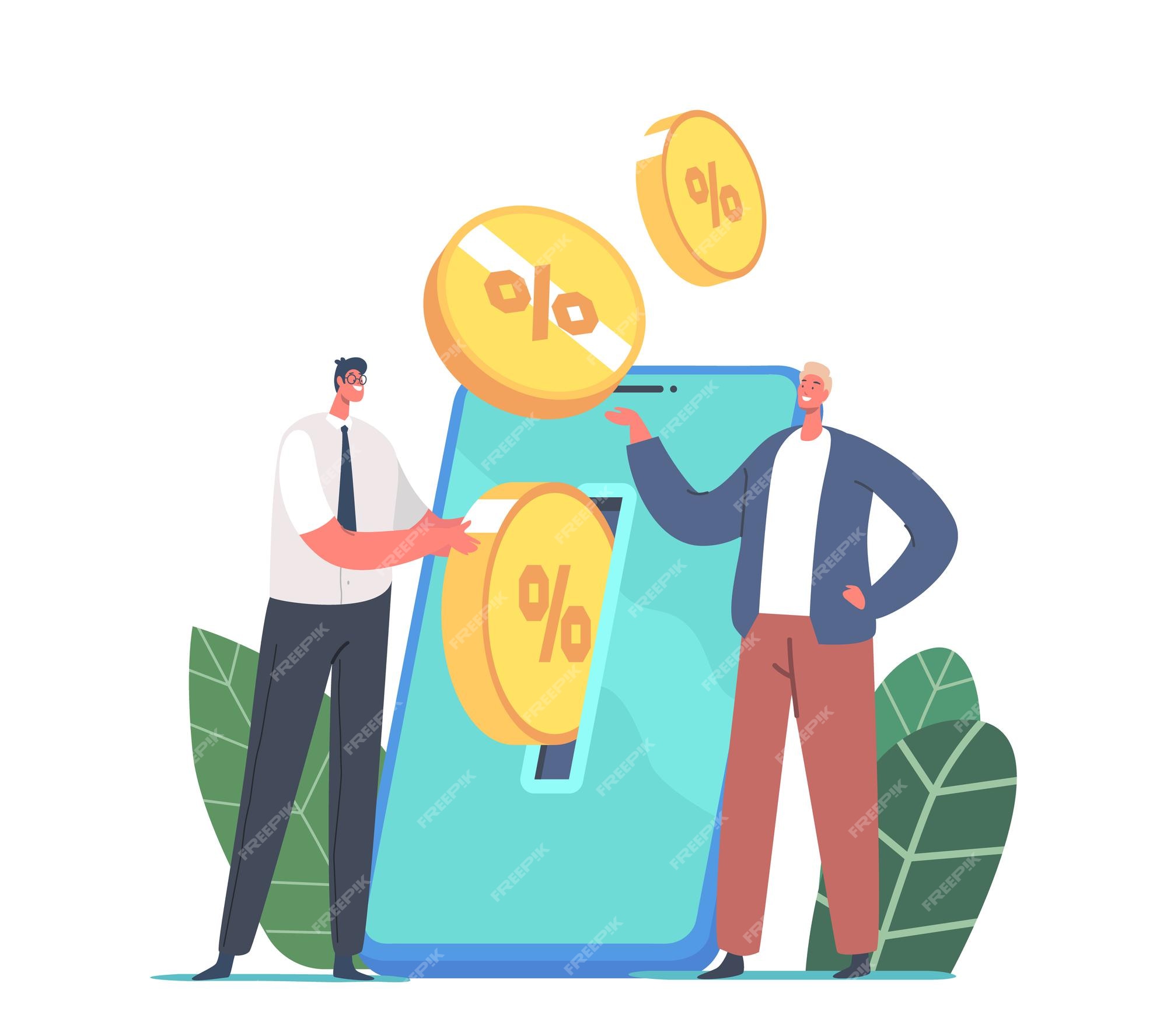 Premium Vector | Tiny businessman male character put money at huge smartphone screen with golden coin percents. mobile savings account, online deposit, man collect money, investment. cartoon people vector illustration Premium Vector | Tiny businessman male character put money at huge smartphone screen with golden coin percents. mobile savings account, online deposit, man collect money, investment. cartoon people vector illustration