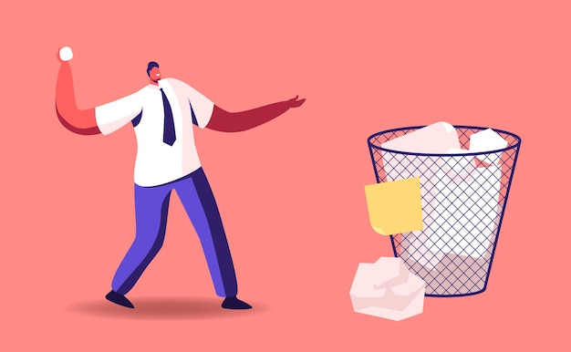 Tiny businessman male character throwing crumpled paper ball into huge litter bin