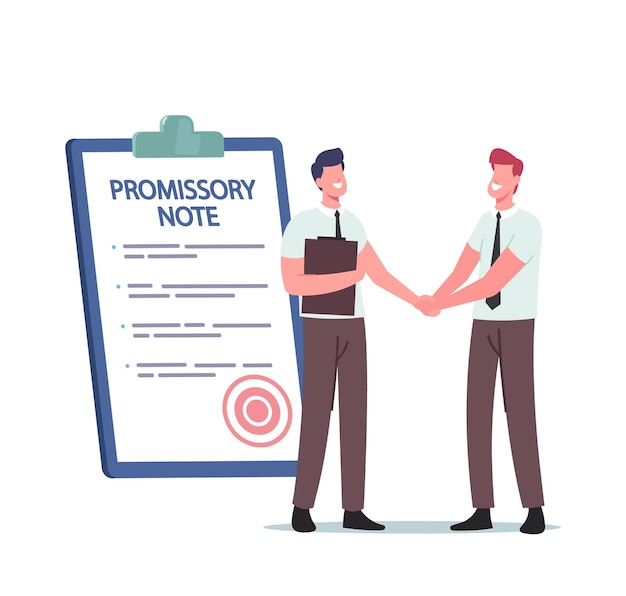 Tiny businessmen characters shaking hand at huge promissory note document, simple loan agreement, promise to pay, money borrowing, credit deal, legal contract. cartoon people vector illustration