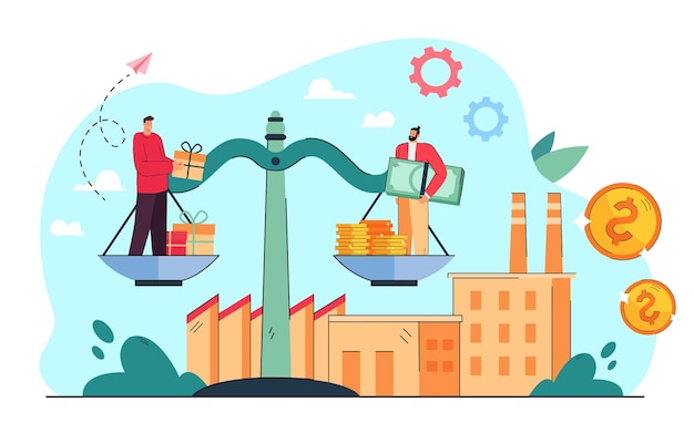 Vector tiny businessmen standing on giant scales with money and gifts