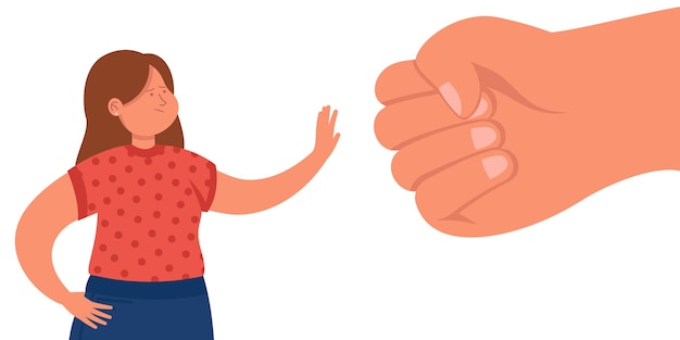 Vector tiny cartoon woman protesting against giant fist