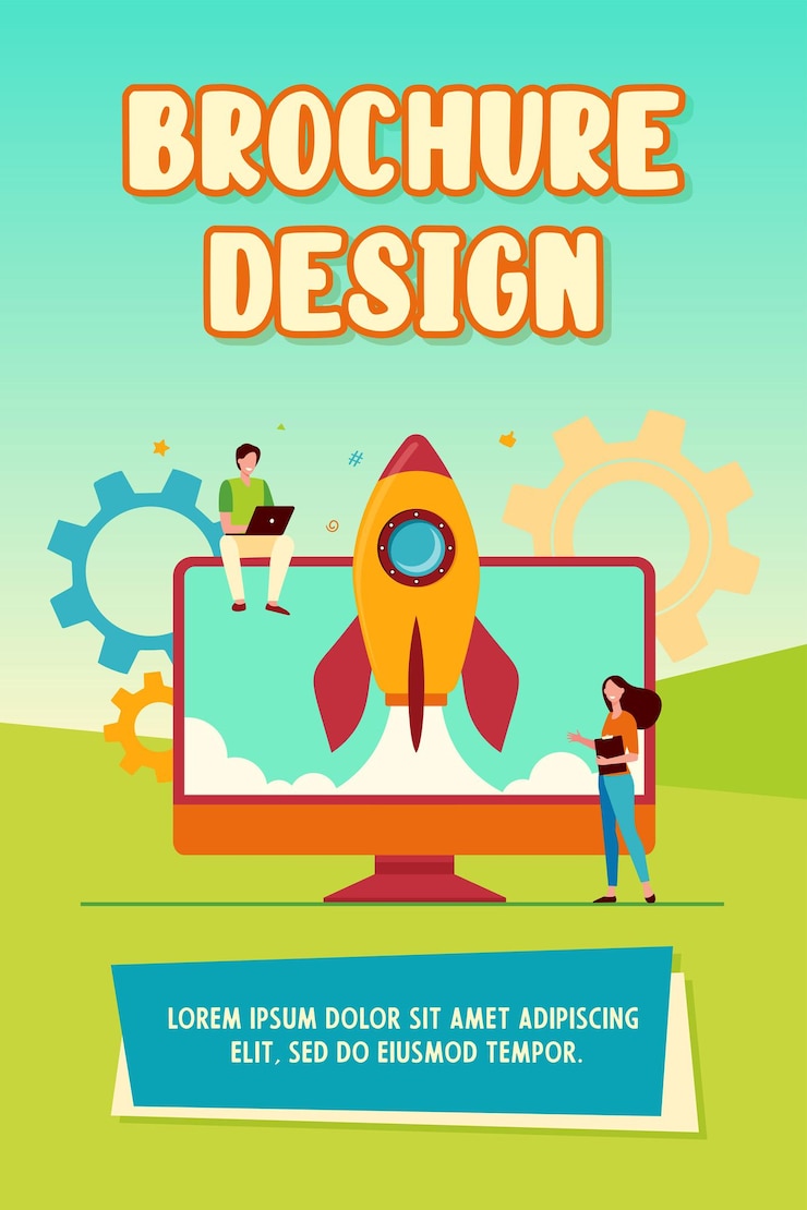 Vector tiny character launching startup rocket. monitor, computer, idea flat vector illustration