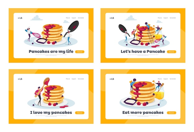 Vettore piccoli personaggi cucinare e mangiare frittelle fatte in casa landing page template set