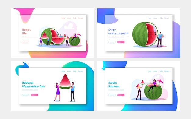 Tiny Characters Enjoying Refreshing Huge Ripe Watermelon Landing Page Template Set. Summer Time, Group of People, Family and Friends Having Fun Eating Fruits and Ice Cream. Cartoon Vector Illustration