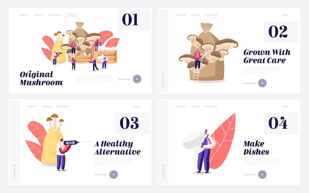 Tiny characters growing mushrooms landing page template set.