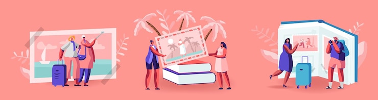 Vector 거대한 사진 앨범, 열대 해변 리조트, 유럽 명소, 여름 휴가, 여행 경험의 추억, 여행에서 여행 사진을 보는 작은 캐릭터. 만화 사람들 벡터 일러스트 레이 션