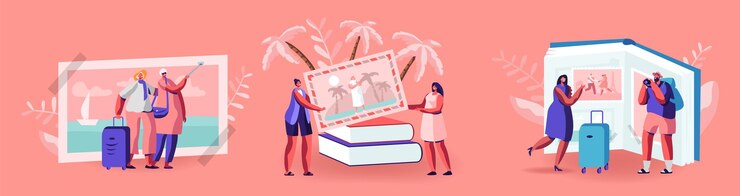 Vector 거대한 사진 앨범에서 여행 사진을 보는 작은 캐릭터, 트로피컬 비치 리조트, 유럽 명소, 여름 휴가, 여행 경험의 추억, 여행