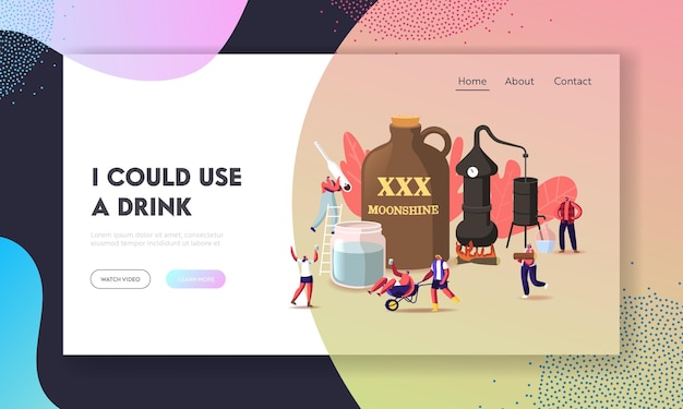 Tiny characters make moonshine conditions landing page template.