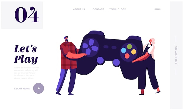 Tiny Characters Playing Videogame.Landing Page Template. Man and Woman Gamers with Huge Gamepad Playing Video Game. Recreation Technology, Entertainment Industry. Cartoon People Vector Illustration