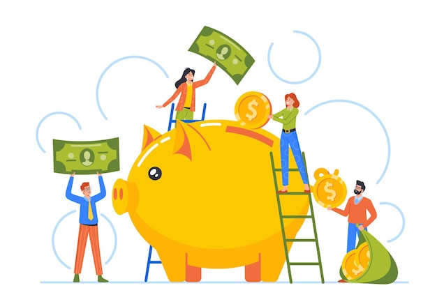 Vector tiny characters put money into huge piggy bank concept of deposit finance savings banking investment budget planning