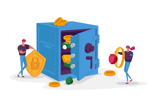 Vector tiny characters put savings to bank safe full of money and jewelry