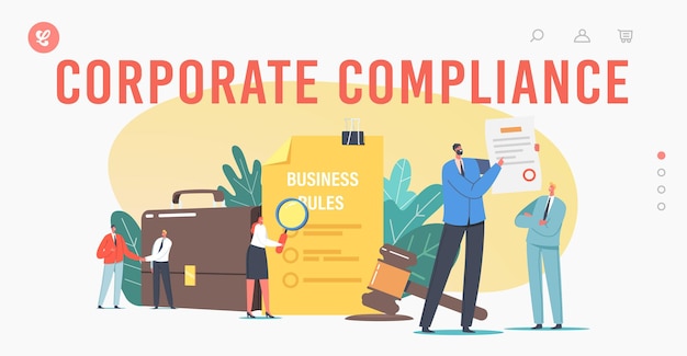 Tiny Characters Read Corporate Compliance Rules Landing Page Template. Representation of Business Laws, Regulations and Standards, Ethical Practices, Terms of Firm. Cartoon People Vector Illustration