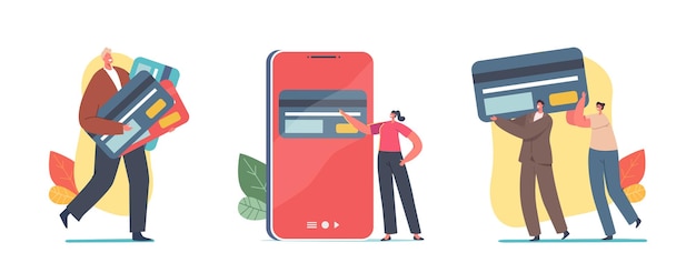 Vector tiny characters with huge credit cards for cashless payment and transfer money. banking system, online transaction concept. virtual bank services for shopping. cartoon people vector illustration