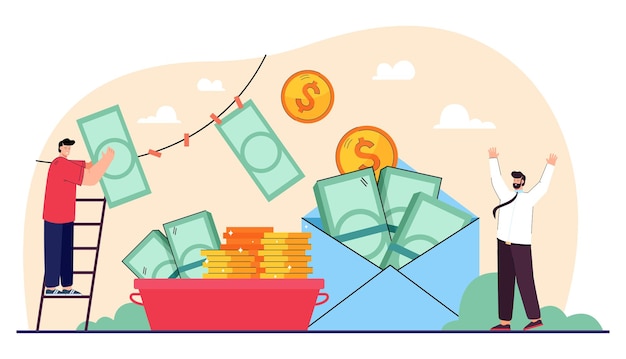 Vector tiny criminals bribing and laundering money. fraud in business, personal benefit, bribe in envelope flat vector illustration. corruption, finances, government concept for banner or landing web page