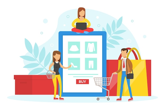 Vector tiny customers ordering and buying goods using mobile app online shopping ecommerce concept flat vector illustration