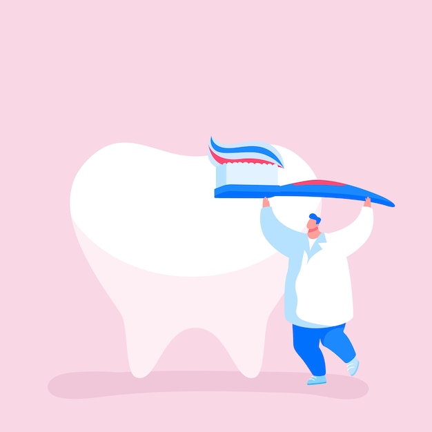 Vector tiny dentist doctor character care van enorme tandenborstel