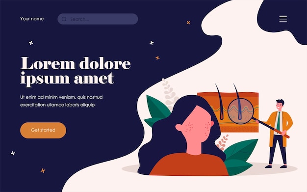 表皮の病気を治す小さな皮膚科医フラットベクトルイラスト。乾いた顔の患者に診断を与える漫画の抽象的な医師。皮膚科、美容、皮膚の炎症の概念
