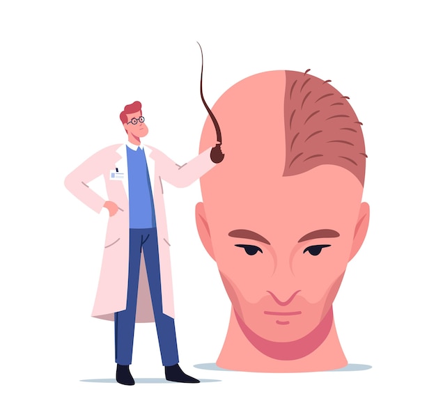 Tiny Doctor Character Holding Follicle Prepare Huge Male Head for Hair Transplantation Procedure