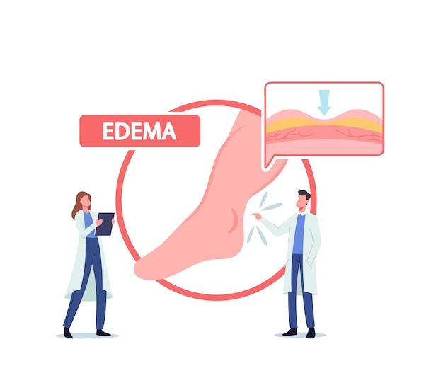 Piccoli personaggi medici che presentano enormi infografiche con gambe malate del paziente, concetto medico di edema, linfedema