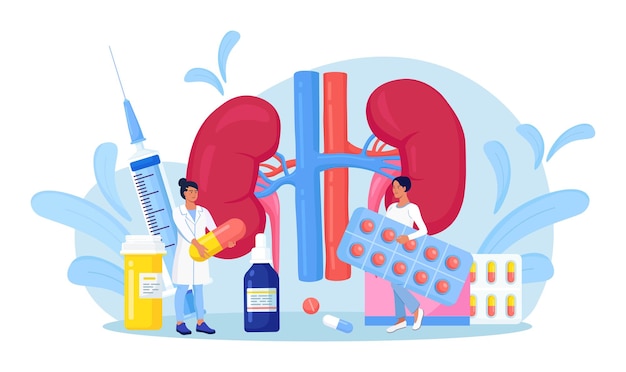 Tiny Doctors doing medical research, examination, check of health. Kidney disease treatment by pharmaceutical. Nephrology, urology. Diagnosis of Pyelonephritis, kidney stones, renal failure, cystitis