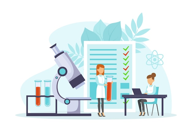 tiny doctors making blood laboratory analysis with microscope woman doctors doing medical research flat vector illustration