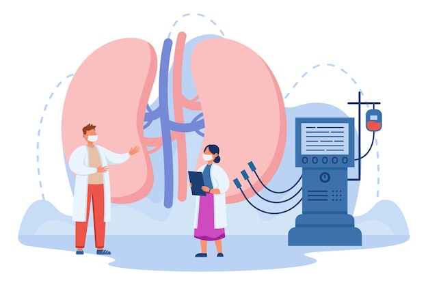 Tiny doctors treating hemodialysis flat vector illustration. Huge kidney connected to machine for removing toxins, cleaning blood. Therapist treating patient diagnosed with dialysis. Health concept