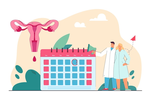 Vector tiny doctors with megaphone near calendar and uterus. menstruation calendar and womans reproductive health flat vector illustration. healthcare concept for banner, website design or landing web page